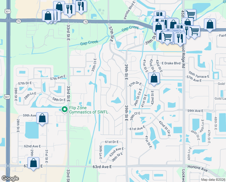map of restaurants, bars, coffee shops, grocery stores, and more near 5803 Garden Lakes Palm in Bradenton