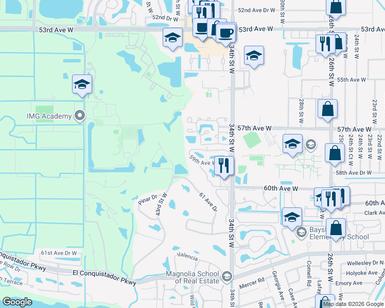 map of restaurants, bars, coffee shops, grocery stores, and more near 3607 59th Avenue West in Bradenton