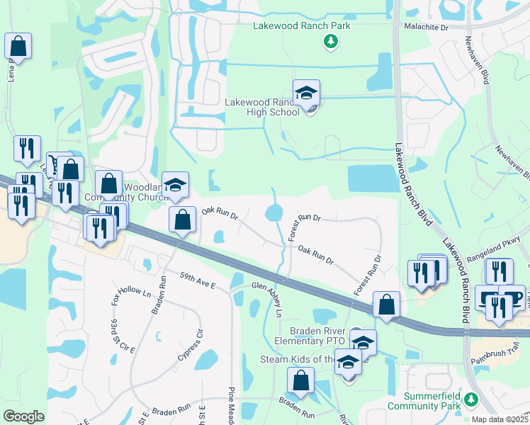 map of restaurants, bars, coffee shops, grocery stores, and more near 10008 Oak Run Drive in Bradenton