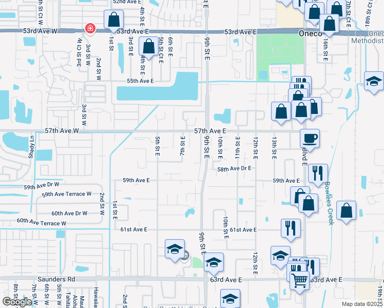 map of restaurants, bars, coffee shops, grocery stores, and more near 825 58th Avenue Drive East in Bradenton