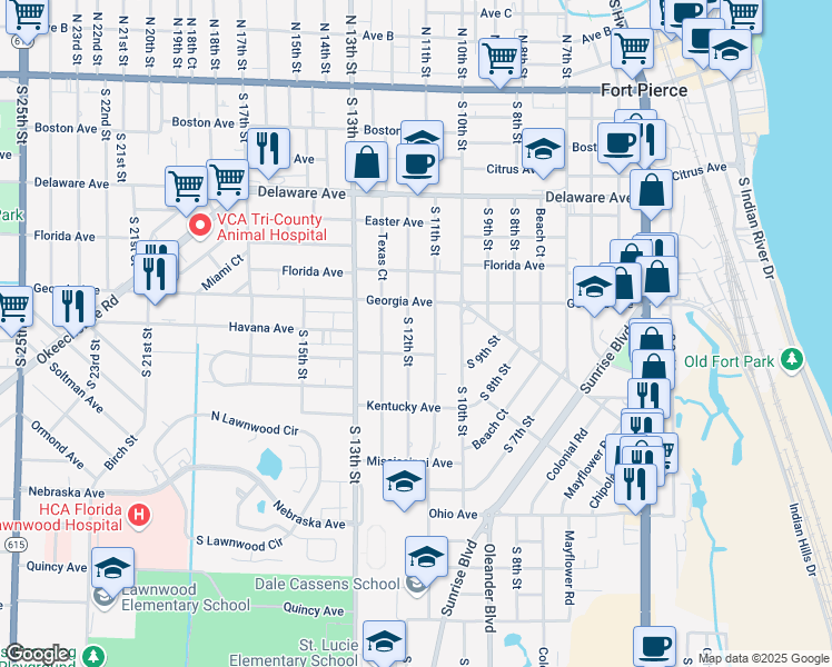 map of restaurants, bars, coffee shops, grocery stores, and more near 815 South 12th Street in Fort Pierce