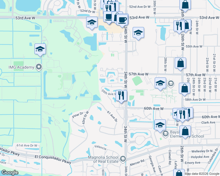 map of restaurants, bars, coffee shops, grocery stores, and more near 3779 59th Avenue West in Bradenton