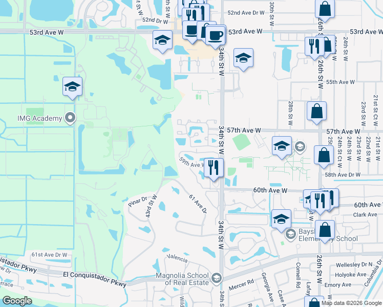 map of restaurants, bars, coffee shops, grocery stores, and more near 3607 59th Avenue West in Bradenton