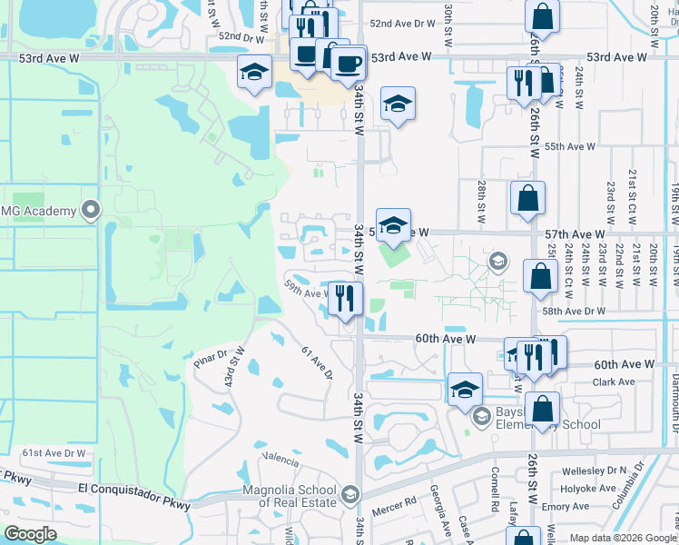 map of restaurants, bars, coffee shops, grocery stores, and more near 3821 59th Avenue West in Bradenton