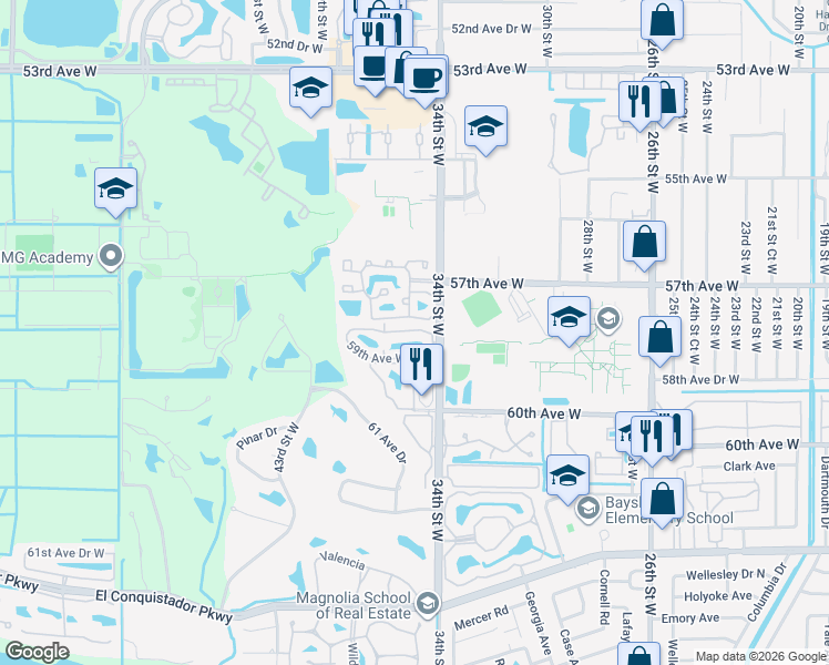 map of restaurants, bars, coffee shops, grocery stores, and more near 3429 59th Avenue West in Bradenton