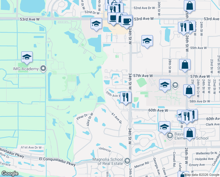 map of restaurants, bars, coffee shops, grocery stores, and more near 5708 36th Street West in Bradenton
