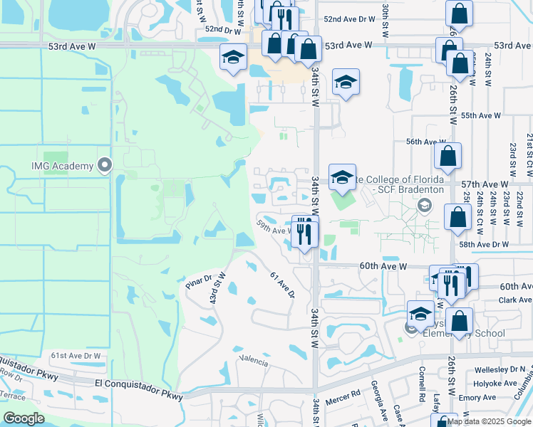 map of restaurants, bars, coffee shops, grocery stores, and more near 5708 36th Street West in Bradenton
