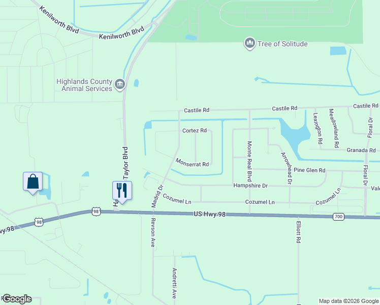 map of restaurants, bars, coffee shops, grocery stores, and more near 332 Costa Del Sol in Sebring
