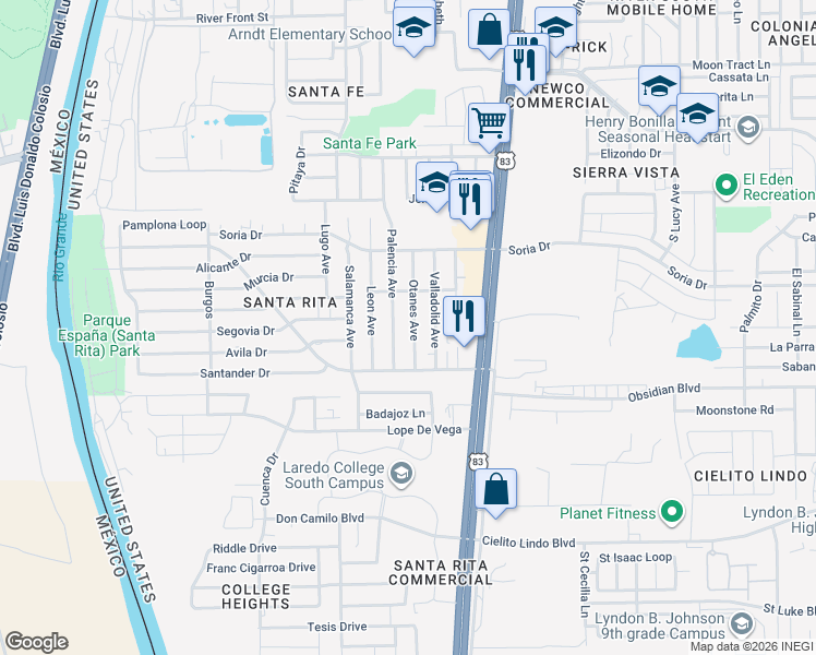 map of restaurants, bars, coffee shops, grocery stores, and more near 131 Otanes Avenue in Laredo