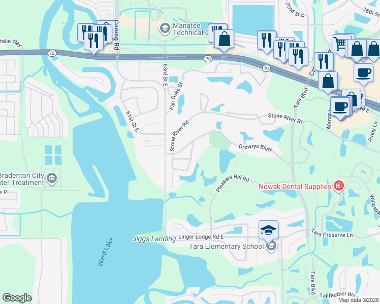 map of restaurants, bars, coffee shops, grocery stores, and more near 6421 Drewrys Bluff in Bradenton