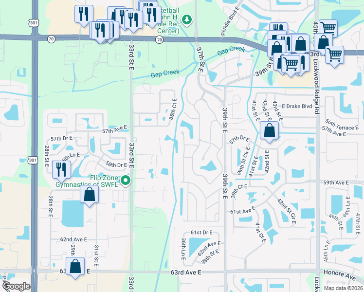 map of restaurants, bars, coffee shops, grocery stores, and more near 5708 Garden Lakes Fern in Bradenton