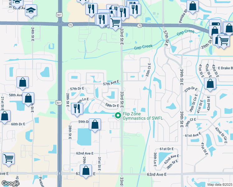 map of restaurants, bars, coffee shops, grocery stores, and more near 3110 57th Avenue Circle East in Bradenton