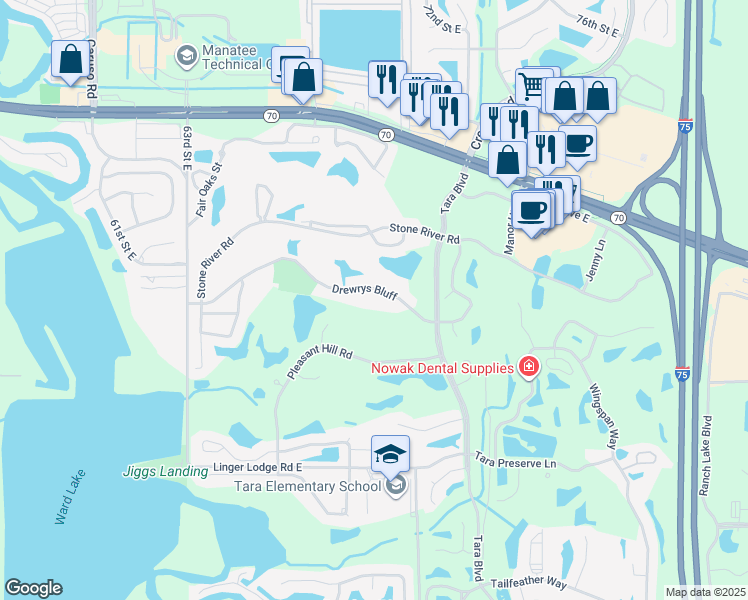 map of restaurants, bars, coffee shops, grocery stores, and more near 6811 Drewrys Bluff in Bradenton