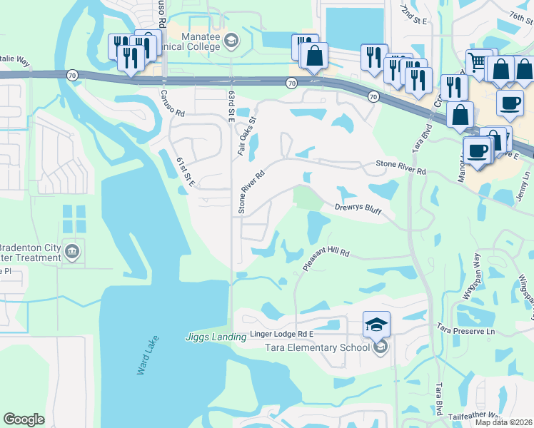 map of restaurants, bars, coffee shops, grocery stores, and more near 6421 Drewrys Bluff in Bradenton