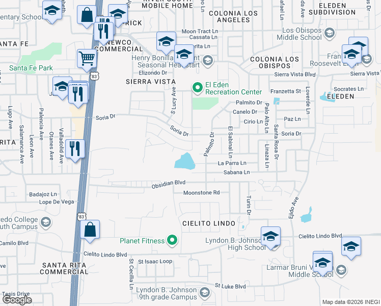 map of restaurants, bars, coffee shops, grocery stores, and more near 2402 Comales Drive in Laredo