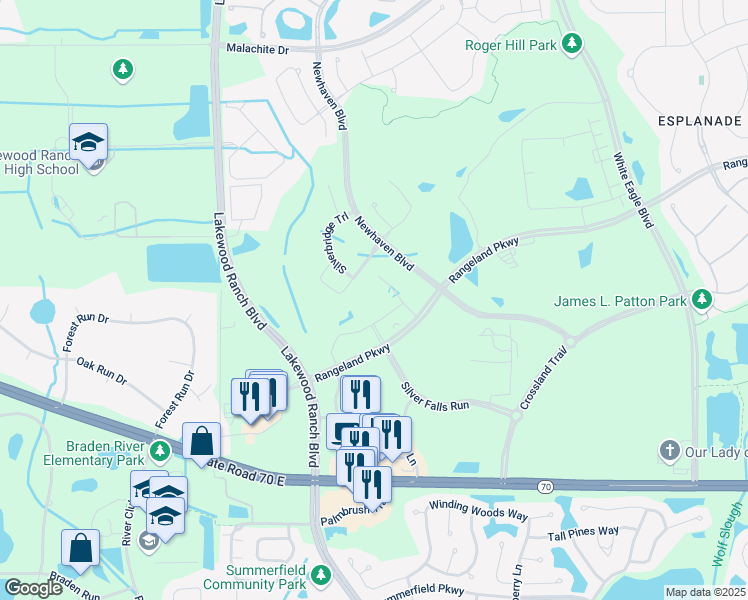map of restaurants, bars, coffee shops, grocery stores, and more near 11540 Rolling Green Drive in Bradenton