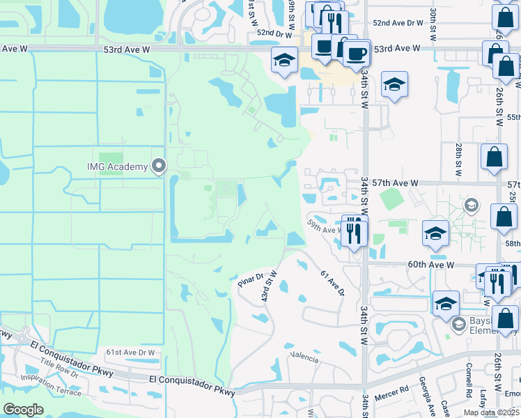 map of restaurants, bars, coffee shops, grocery stores, and more near 5805 Los Verdes Court in Bradenton