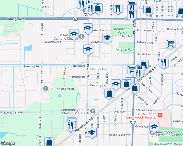 map of restaurants, bars, coffee shops, grocery stores, and more near 3215 Hibiscus Avenue in Fort Pierce