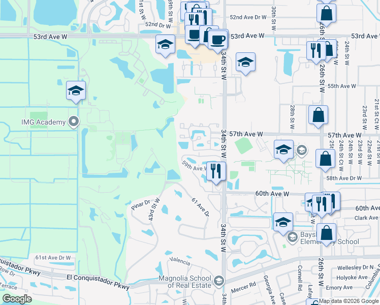 map of restaurants, bars, coffee shops, grocery stores, and more near 5708 36th Street West in Bradenton