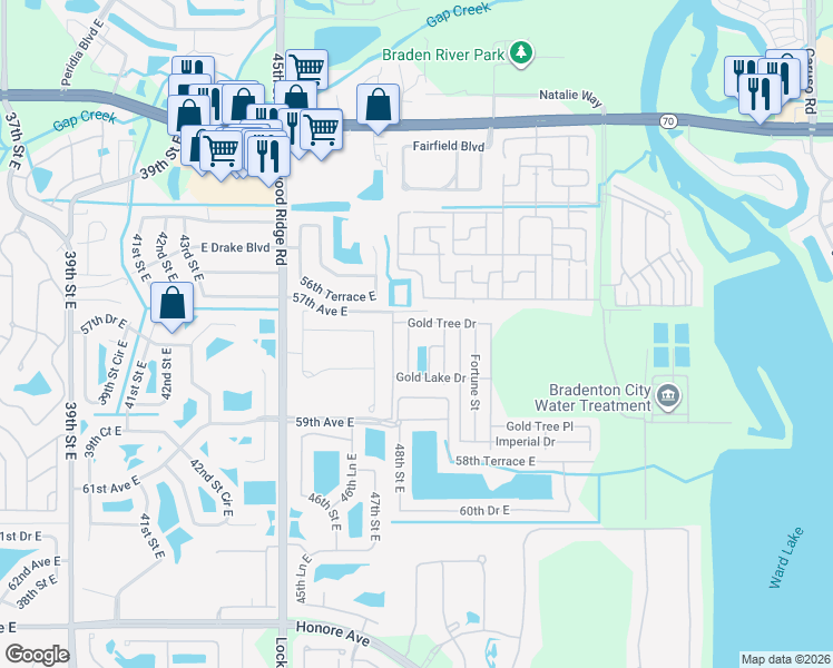map of restaurants, bars, coffee shops, grocery stores, and more near 5 Gold Tree Drive in Bradenton