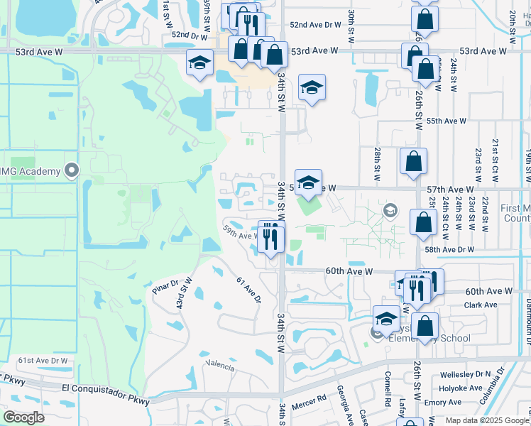 map of restaurants, bars, coffee shops, grocery stores, and more near 3862 59th Avenue West in Bradenton
