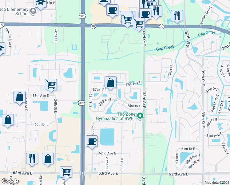 map of restaurants, bars, coffee shops, grocery stores, and more near 3025 58th Terrace East in Bradenton