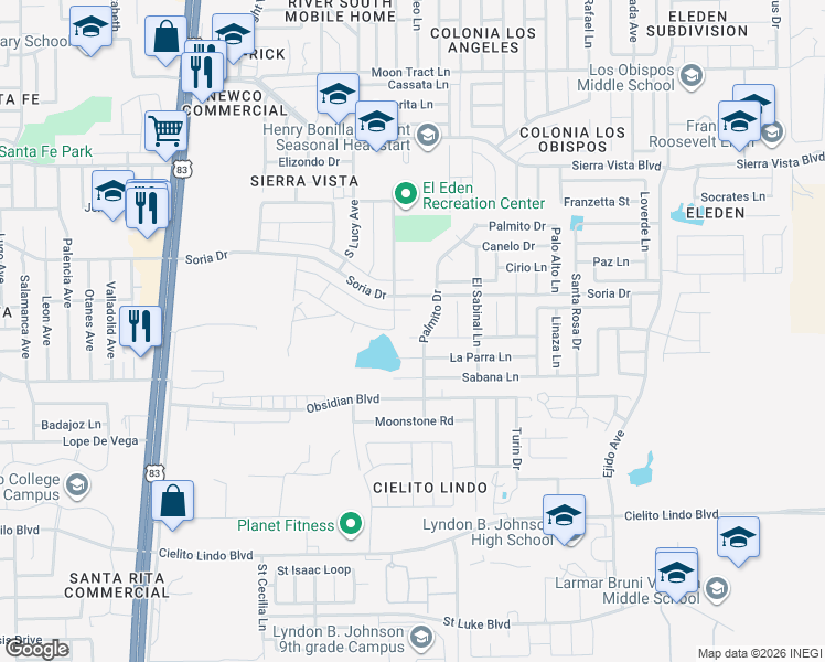 map of restaurants, bars, coffee shops, grocery stores, and more near 2402 Comales Drive in Laredo