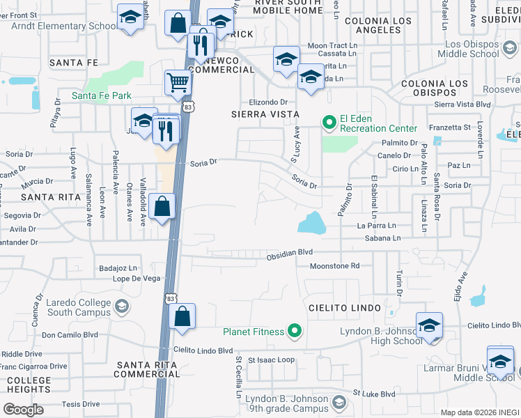 map of restaurants, bars, coffee shops, grocery stores, and more near Soria Dr in Laredo
