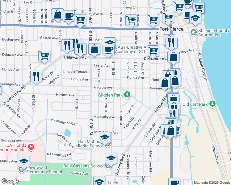map of restaurants, bars, coffee shops, grocery stores, and more near 1007 Georgia Avenue in Fort Pierce