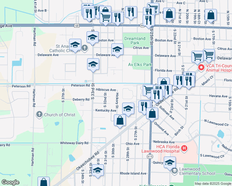map of restaurants, bars, coffee shops, grocery stores, and more near 803 Hickory Street in Fort Pierce