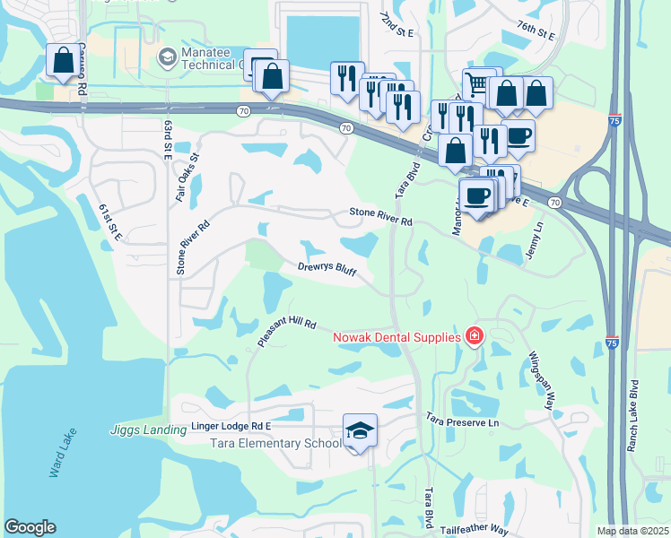 map of restaurants, bars, coffee shops, grocery stores, and more near 6811 Drewrys Bluff in Bradenton