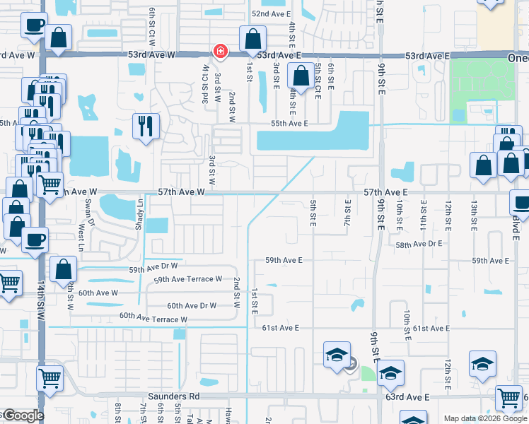 map of restaurants, bars, coffee shops, grocery stores, and more near 303 58th Avenue East in Bradenton