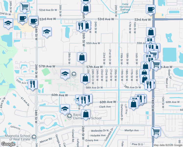 map of restaurants, bars, coffee shops, grocery stores, and more near 5716 25th Street West in Bradenton