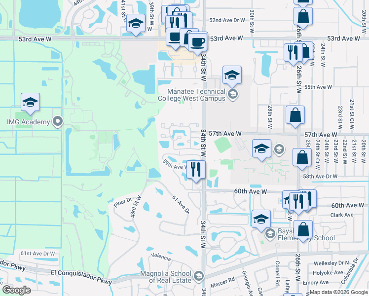 map of restaurants, bars, coffee shops, grocery stores, and more near 5712 34th Street Court West in Bradenton