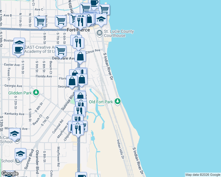 map of restaurants, bars, coffee shops, grocery stores, and more near 801 South Indian River Drive in Fort Pierce