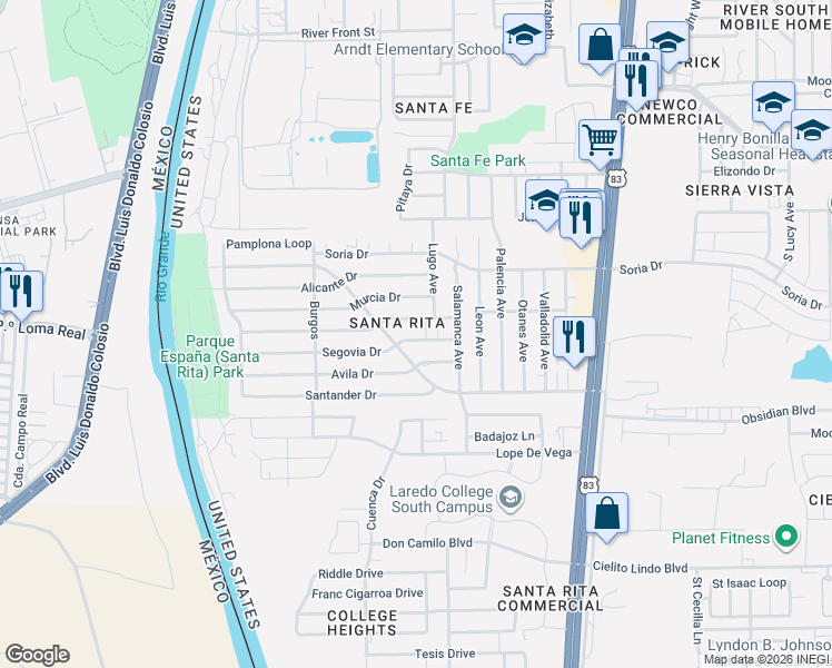 map of restaurants, bars, coffee shops, grocery stores, and more near 312 Segovia Drive in Laredo
