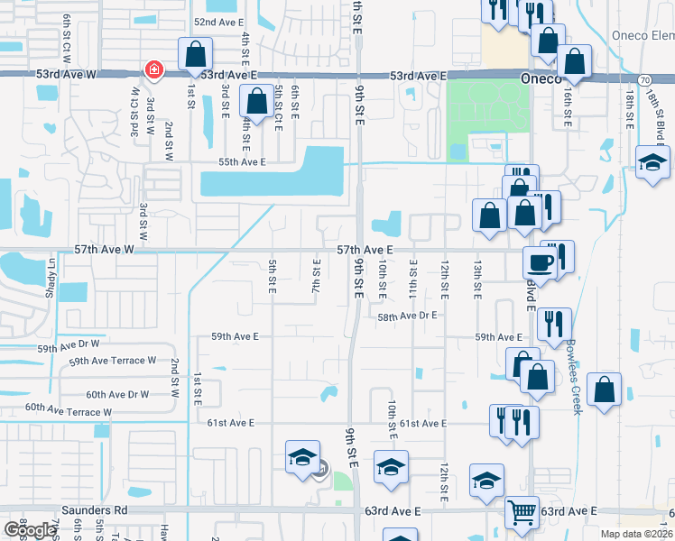 map of restaurants, bars, coffee shops, grocery stores, and more near 5720 8th Street Court East in Bradenton