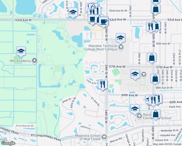 map of restaurants, bars, coffee shops, grocery stores, and more near 5708 36th Street West in Bradenton