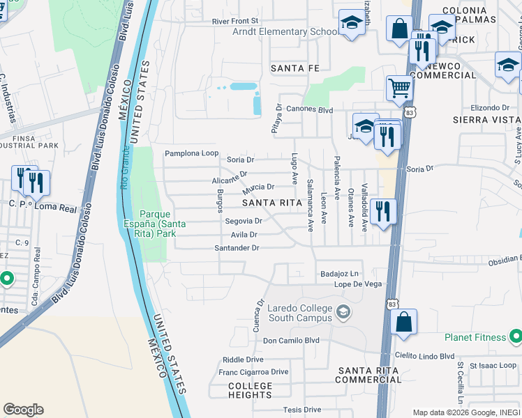 map of restaurants, bars, coffee shops, grocery stores, and more near 233 Malaga Drive in Laredo