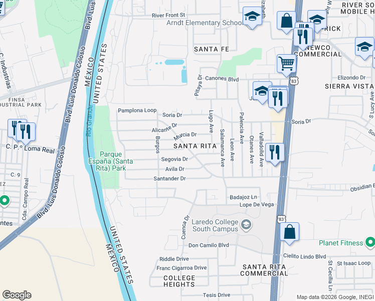 map of restaurants, bars, coffee shops, grocery stores, and more near 233 Malaga Drive in Laredo
