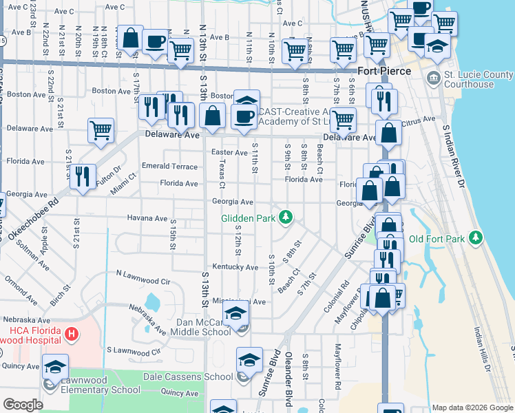 map of restaurants, bars, coffee shops, grocery stores, and more near 1007 Georgia Avenue in Fort Pierce