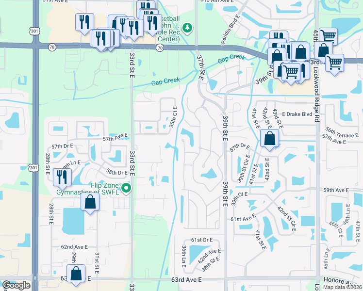 map of restaurants, bars, coffee shops, grocery stores, and more near 5708 Garden Lakes Fern in Bradenton