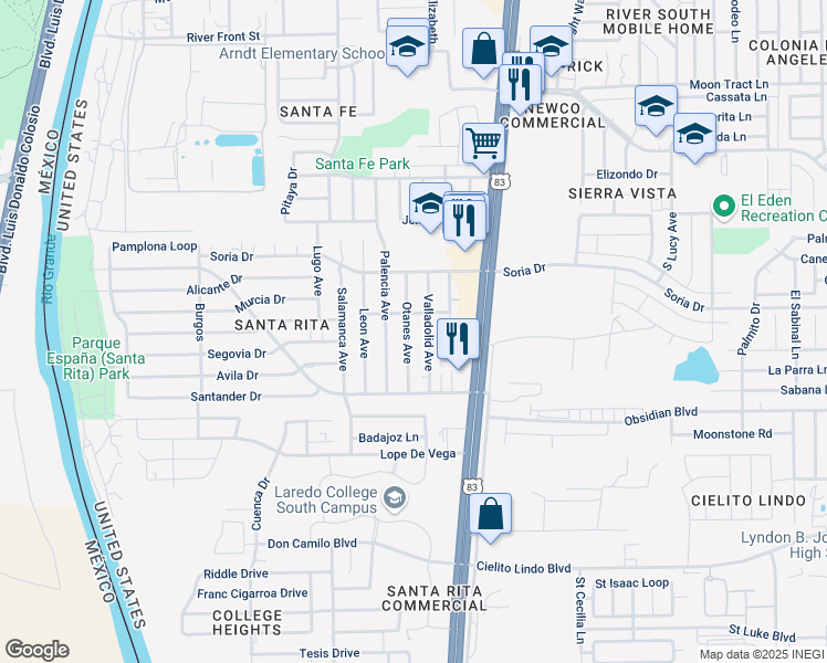 map of restaurants, bars, coffee shops, grocery stores, and more near 131 Otanes Avenue in Laredo