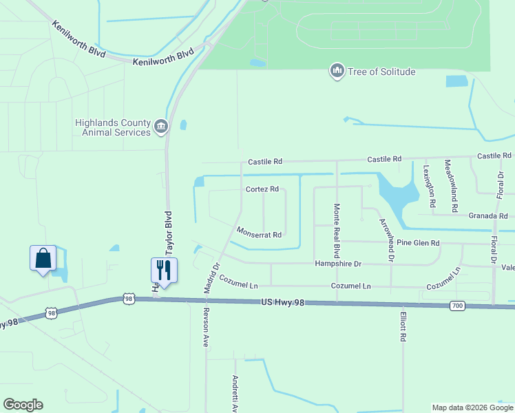map of restaurants, bars, coffee shops, grocery stores, and more near 332 Costa Del Sol Drive in Sebring