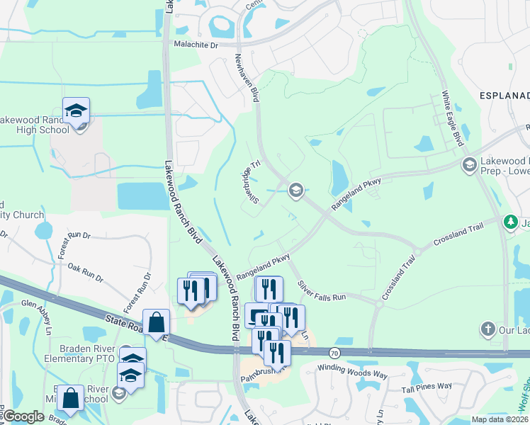 map of restaurants, bars, coffee shops, grocery stores, and more near 11540 Rolling Green Drive in Bradenton