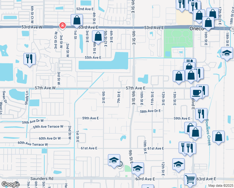 map of restaurants, bars, coffee shops, grocery stores, and more near 5718 7th Street East in Bradenton