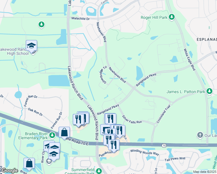 map of restaurants, bars, coffee shops, grocery stores, and more near 11540 Rolling Green Drive in Bradenton