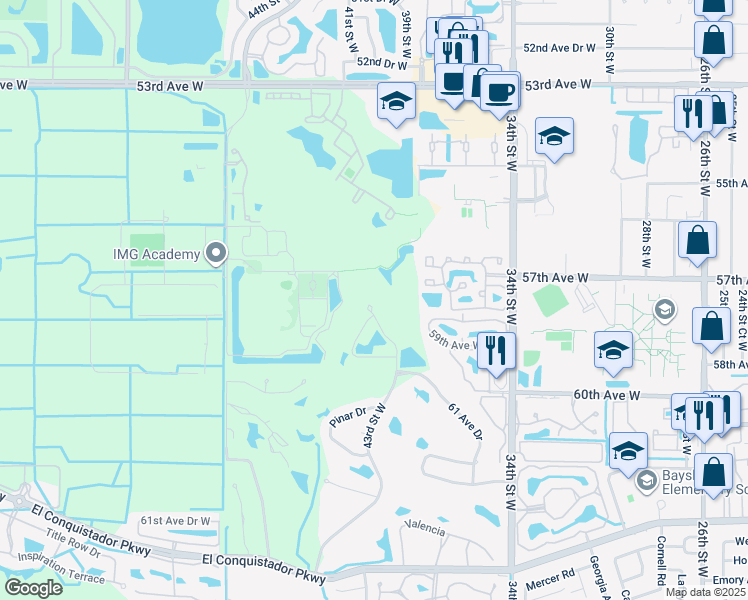 map of restaurants, bars, coffee shops, grocery stores, and more near 5805 Los Verdes Court in Bradenton