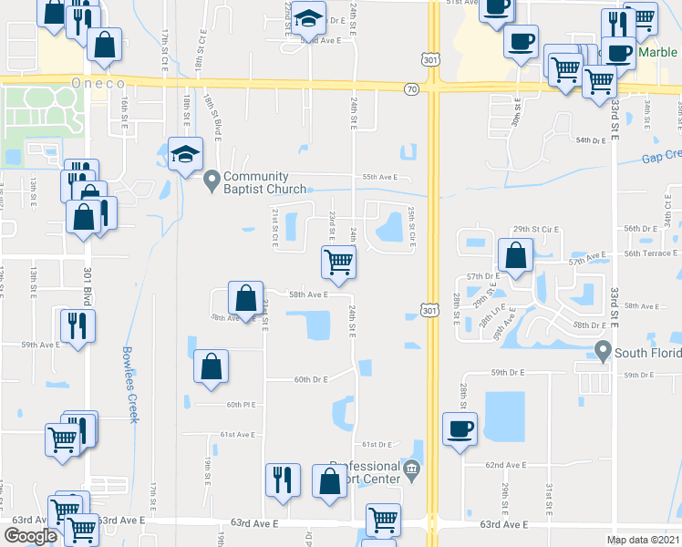 map of restaurants, bars, coffee shops, grocery stores, and more near 5700 24th Street East in Bradenton