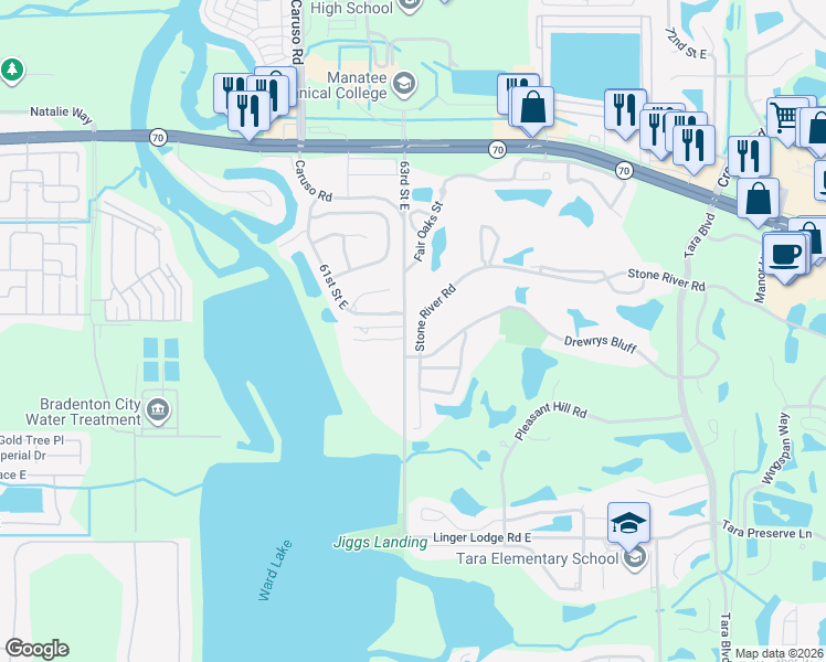 map of restaurants, bars, coffee shops, grocery stores, and more near 6407 Stone River Road in Bradenton